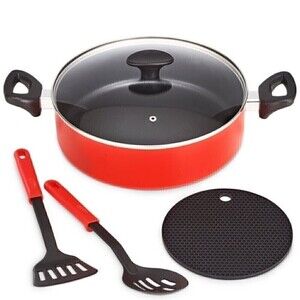 New BELLA 5-Pc. Nonstick Everyday set black and red cookware, frying pan